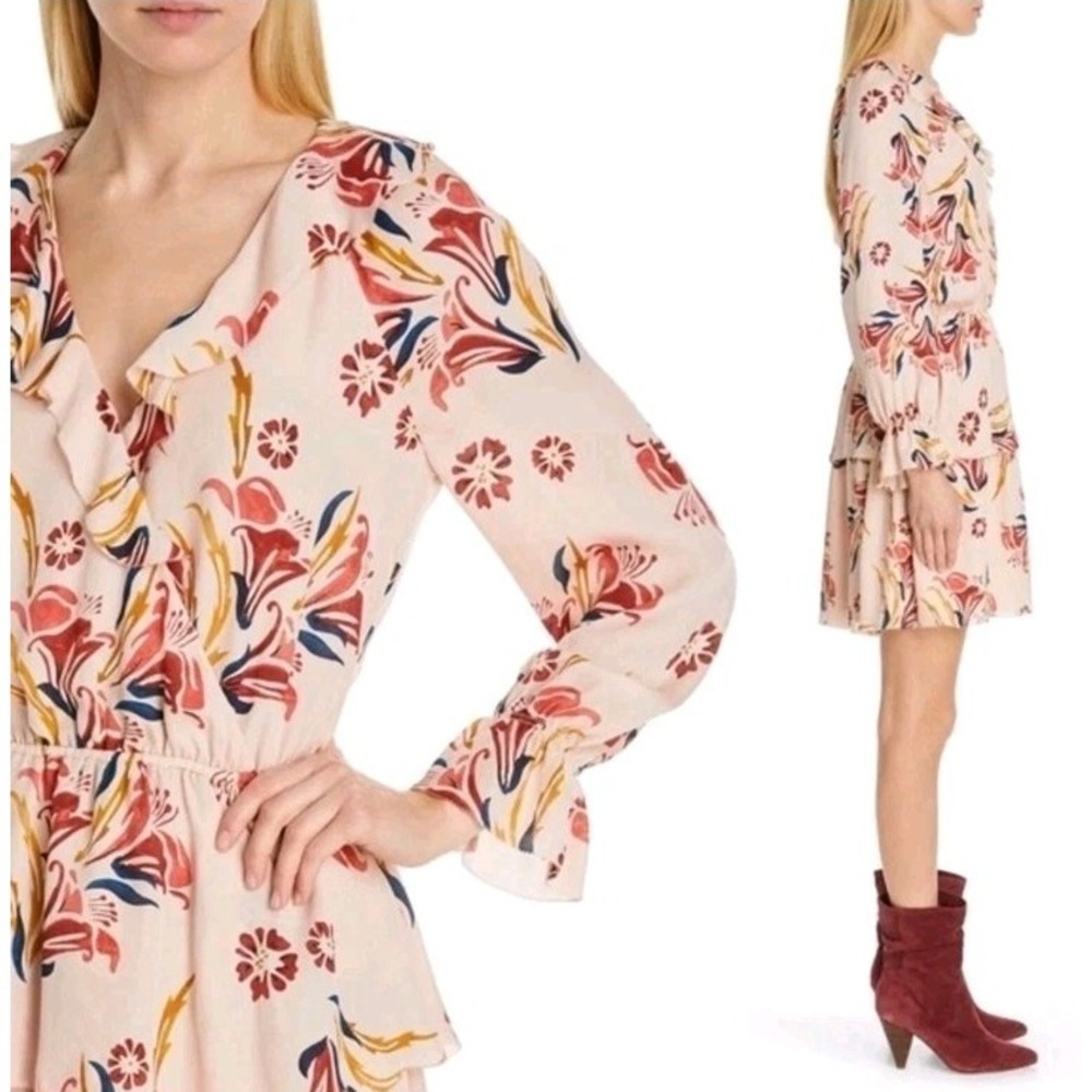 Joie Nour Floral Ruffle V Neck Long Sleeves Pink Silk Mini Dress Sz S Flowy NEW